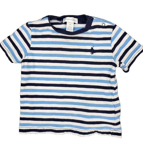 Ralph Lauren T-shirt Baby Boys 9M Months Blue White Short Sleeve Striped - Picture 1 of 9